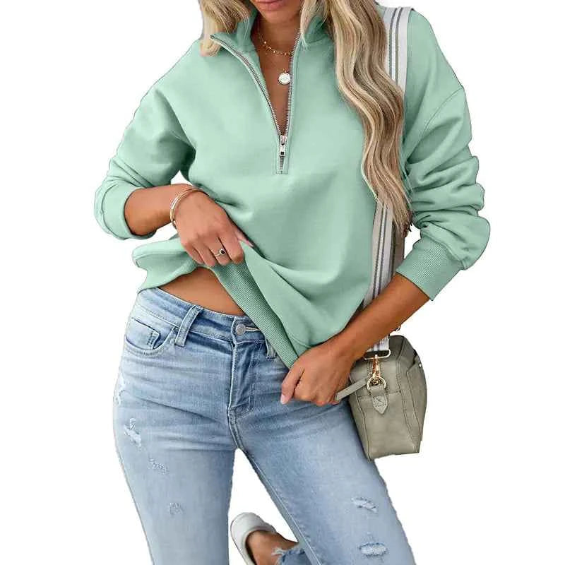 Solid Color Women's Zip Sweater – Long Sleeve Lapel Design - Nico`s Store