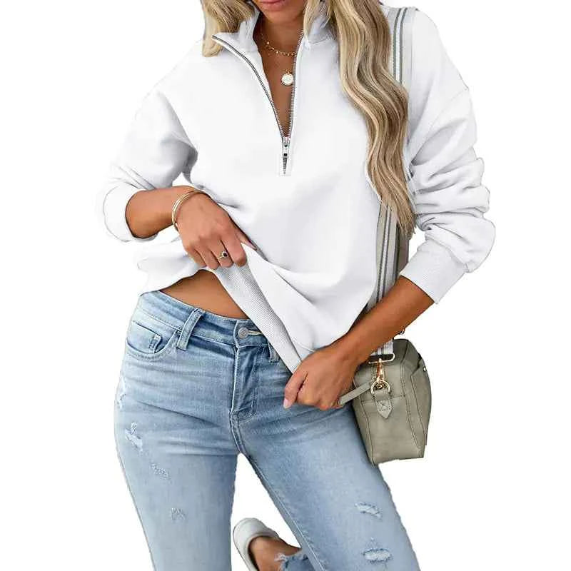 Solid Color Women's Zip Sweater – Long Sleeve Lapel Design - Nico`s Store