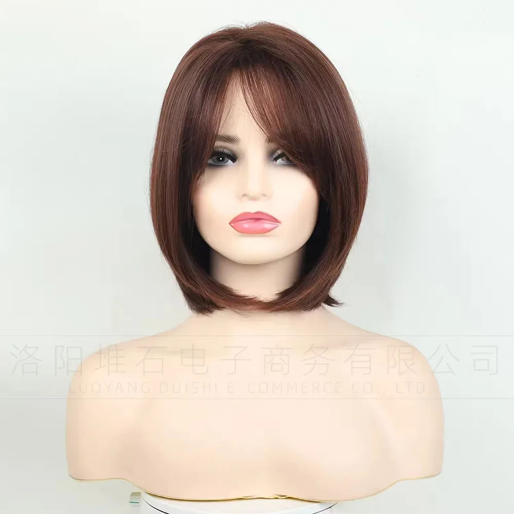 Women's Short Bob Synthetic Wig with Side Part Slanted Bangs – Transparent Lace Cap, High-Temperature Fiber, Small Size H0170589b6077475991815b0e05547df95