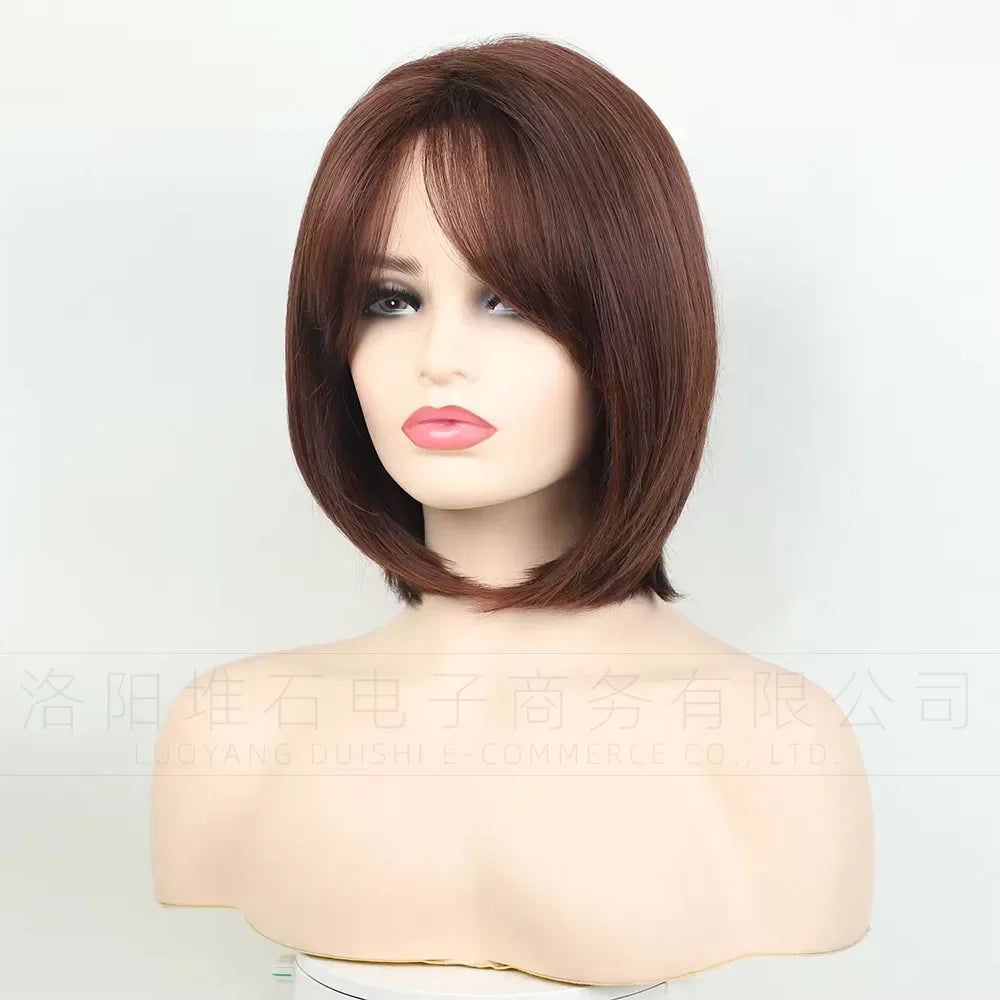 Women's Short Bob Synthetic Wig with Side Part Slanted Bangs – Transparent Lace Cap, High-Temperature Fiber, Small Size H9c68e487178941428427ee65ff462859H