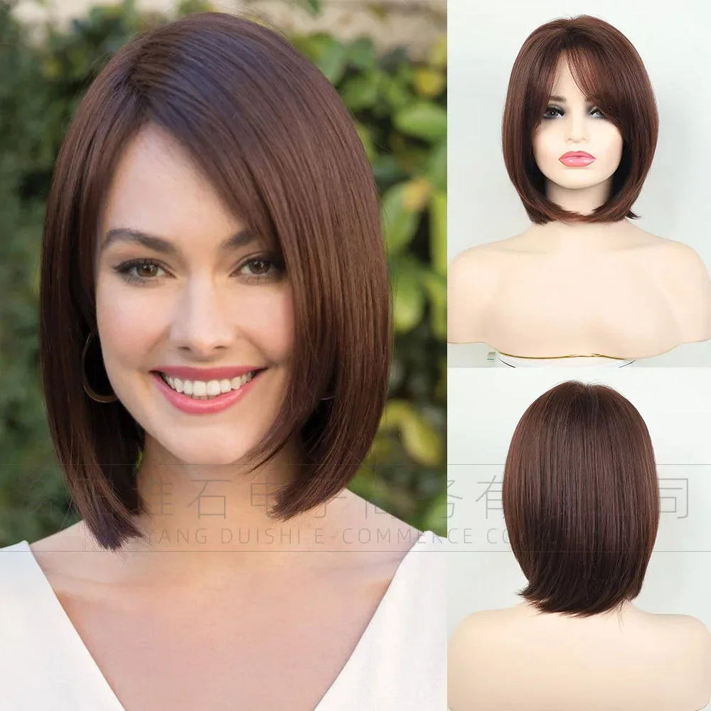 Women's Short Bob Synthetic Wig with Side Part Slanted Bangs – Transparent Lace Cap, High-Temperature Fiber, Small Size Hee7e0adb8b7d4cdf825f5153728a562e0