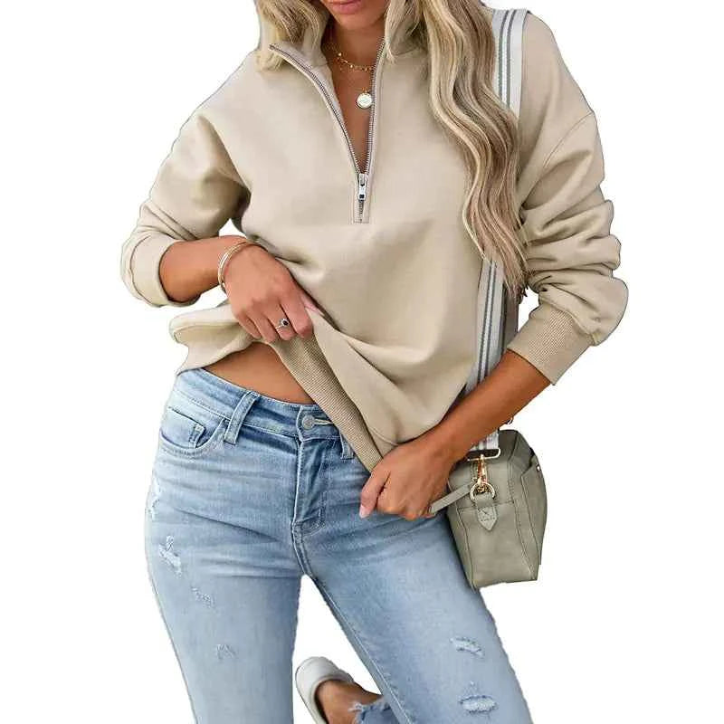 Solid Color Women's Zip Sweater – Long Sleeve Lapel Design - Nico`s Store