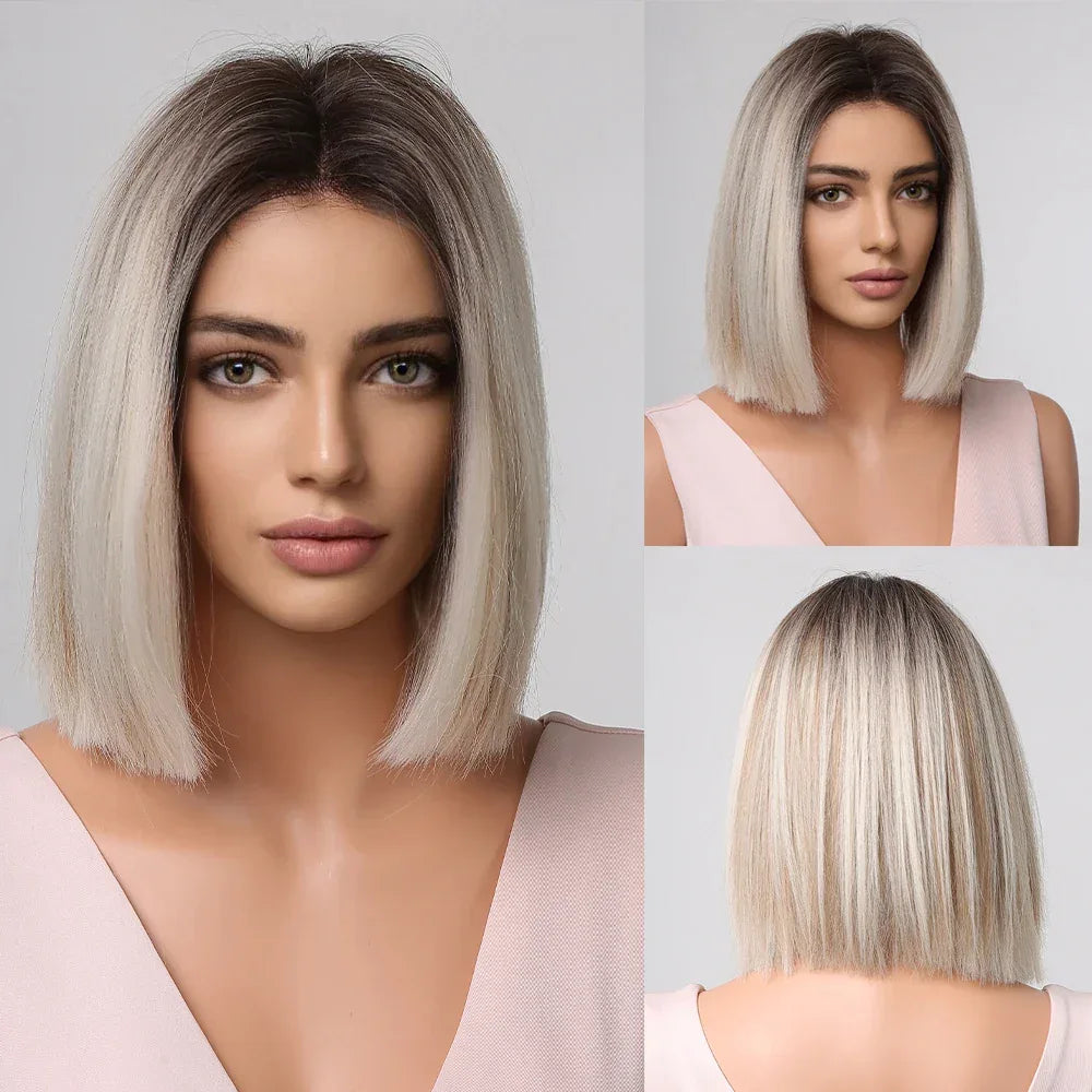Ombre Blonde Bob Wig for Women - Short Straight Synthetic Hair with Brown Blonde Highlights for Cosplay and Daily Wear Wig LC2012-1 S045957c873d748ee8bb01f1480ea8fc91