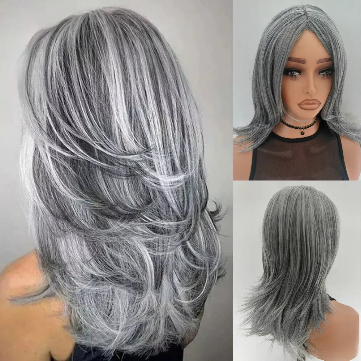 Silvery Gray Ombre Wig - Layered Short Wavy Bob with Curtain Bangs for Women Silver 22inches 1pc S04af1ad8e5c64f039df336d100a5fc974