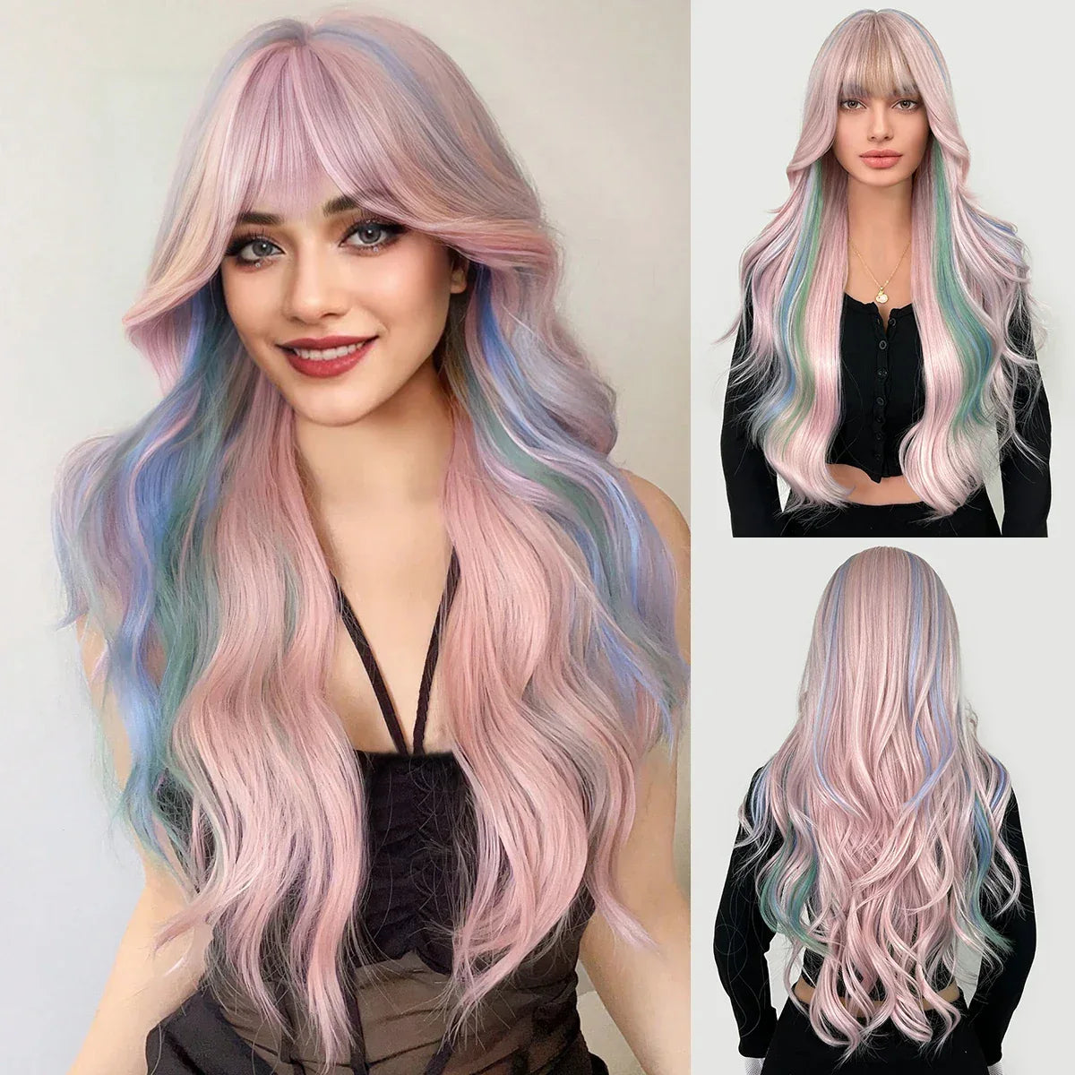 28 Inch Synthetic Wig Light Brown with Highlights - Long Wavy Hair for Everyday and Party Looks