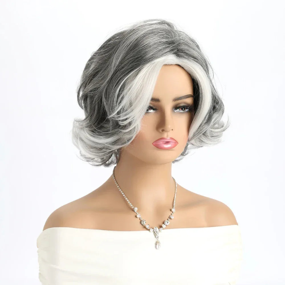 Short Grey Ombre Curly Wig with Bangs - Soft Mommy Hair for Daily Use and Costume Parties S11c4f736d5d541e0983f7c962a4fe20dB