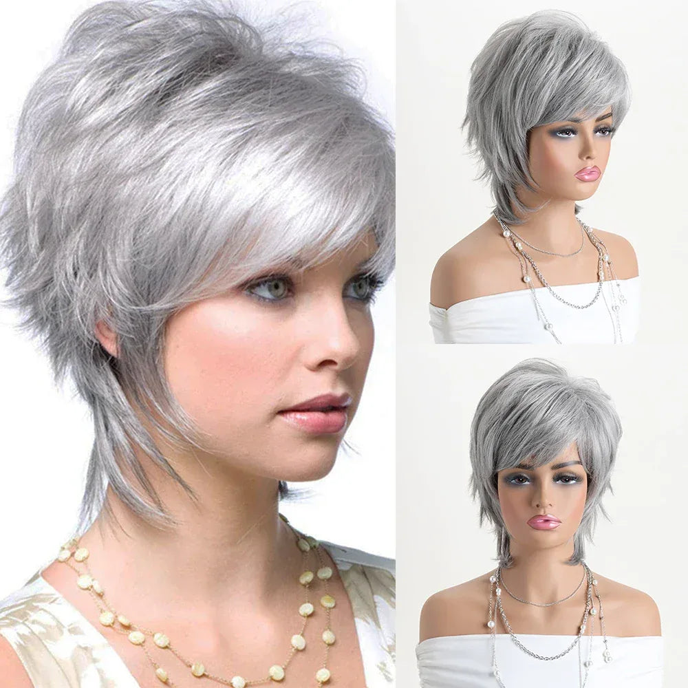 Short Natural Wigs with Bangs - Soft Brown Ombre Curly Synthetic Hair for Daily Use and Costume Parties