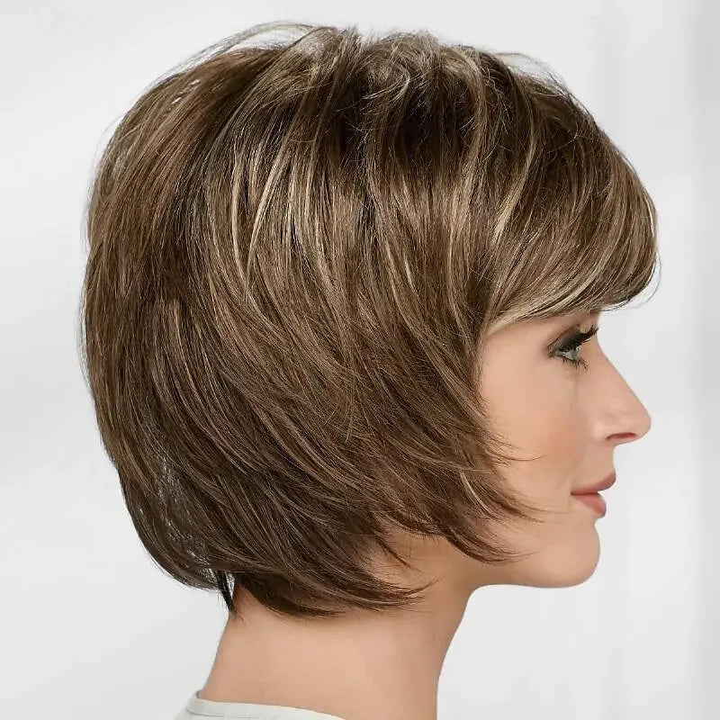 HAIRJOY Short Straight Wigs for Women - Synthetic Mixed Brown Wigs with Bangs S1ddaab3dcf8f4d43912739ec305314f1S