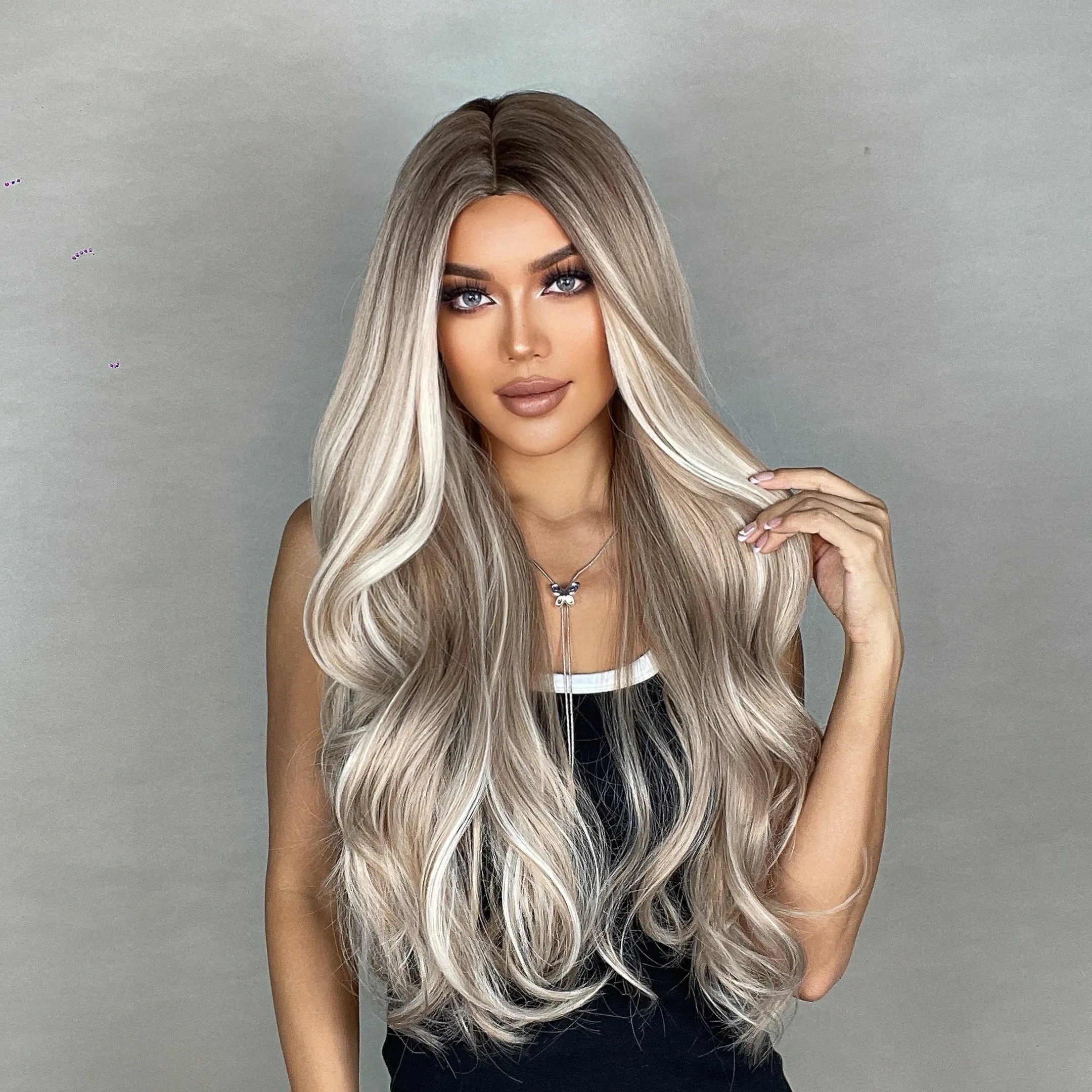 28 Inch Synthetic Wig Light Brown with Highlights - Long Wavy Hair for Everyday and Party Looks