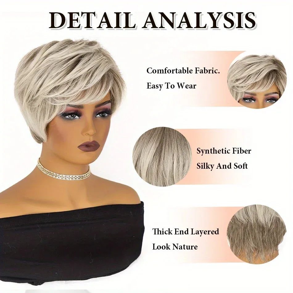 Gray Short Wig for women Daily Wear - Off-White Elf Tailoring, Deep Root Layered Synthetic Fiber S36522a1cc4a3440abb825597612675848