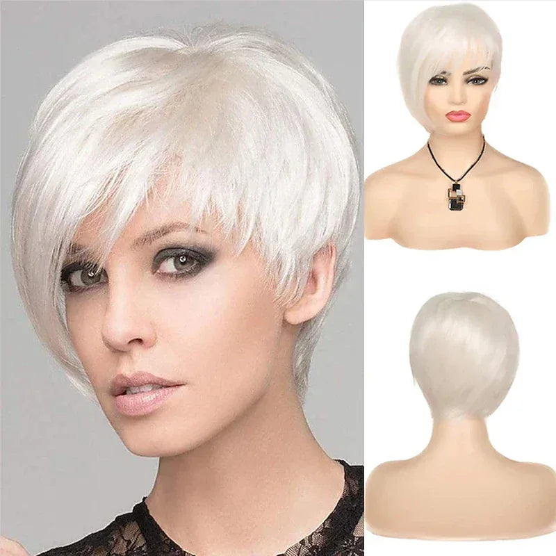 HAIRJOY Short White Wig with Fringe for Women – Synthetic Heat Resistant Pixie Wig for Cosplay and Halloween Parties - A1 / 10inches