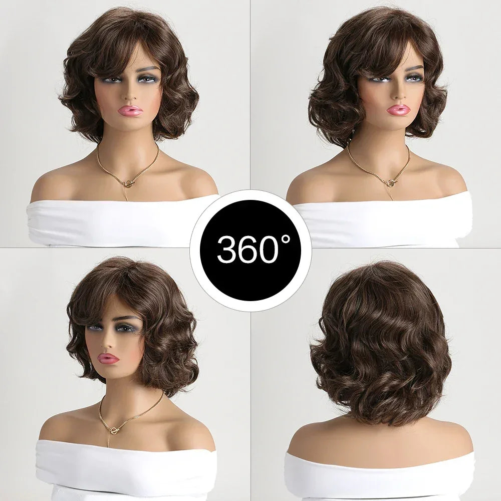 Short Brown Ombre Curly Wig with Bangs - Natural Synthetic Hair for Daily Use S441758cdfa6b48eca3c06832fa7259d4w