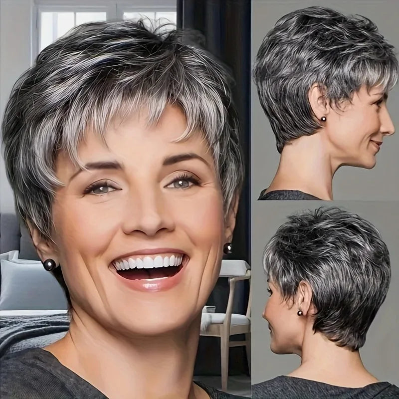 Lady's short gray-white synthetic fiber wig, suitable for daily wear, Cosplay, and as a Mother's Day gift wig accessory silver grey 6inches 1pc S4a643cbaae9d43e6a081f4395b5171bbQ