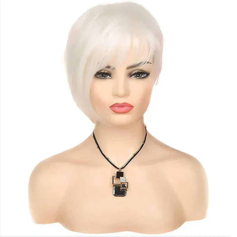 HAIRJOY Short White Wig with Fringe for Women – Synthetic Heat Resistant Pixie Wig for Cosplay and Halloween Parties - A1 / 10inches