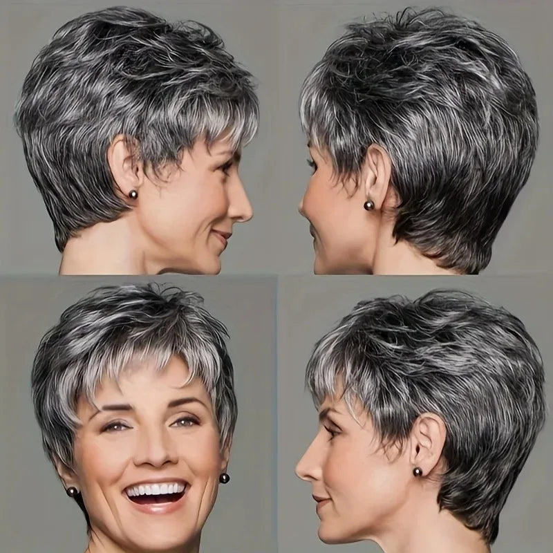 Lady's short gray-white synthetic fiber wig, suitable for daily wear, Cosplay, and as a Mother's Day gift wig accessory S581c495309de417f9b229d73c1fa39acK