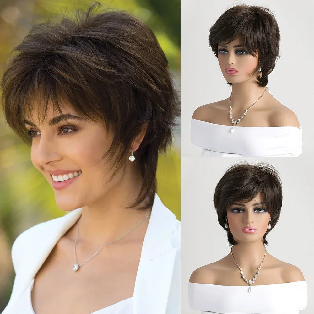 Short Natural Wigs with Bangs - Soft Brown Ombre Curly Synthetic Hair for Daily Use and Costume Parties