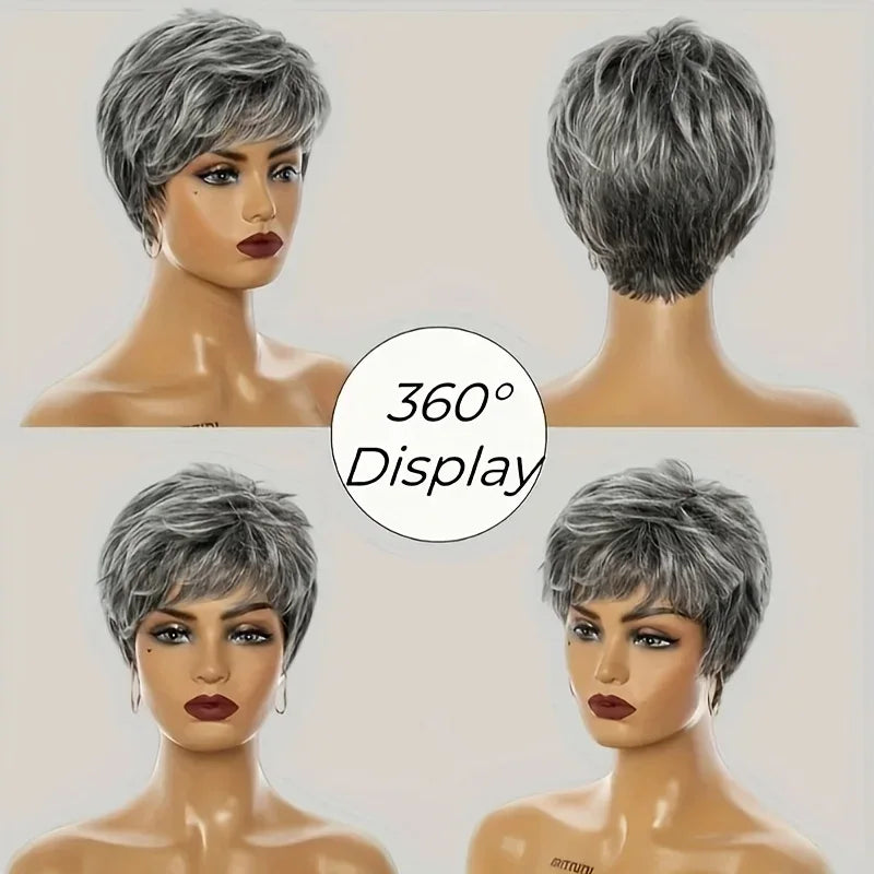 Lady's short gray-white synthetic fiber wig, suitable for daily wear, Cosplay, and as a Mother's Day gift wig accessory S6fde32828cdf45af821cafb672324f0eP