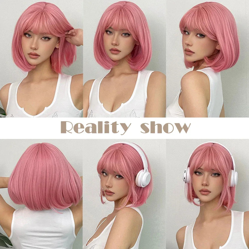LOUIS FERRE Pink Straight Bob Wig for Women - Short Synthetic Wig with Bangs, Cute Heat Resistant Cosplay Hairstyle S7160cc42951c42668b97066fd93d8cdc4