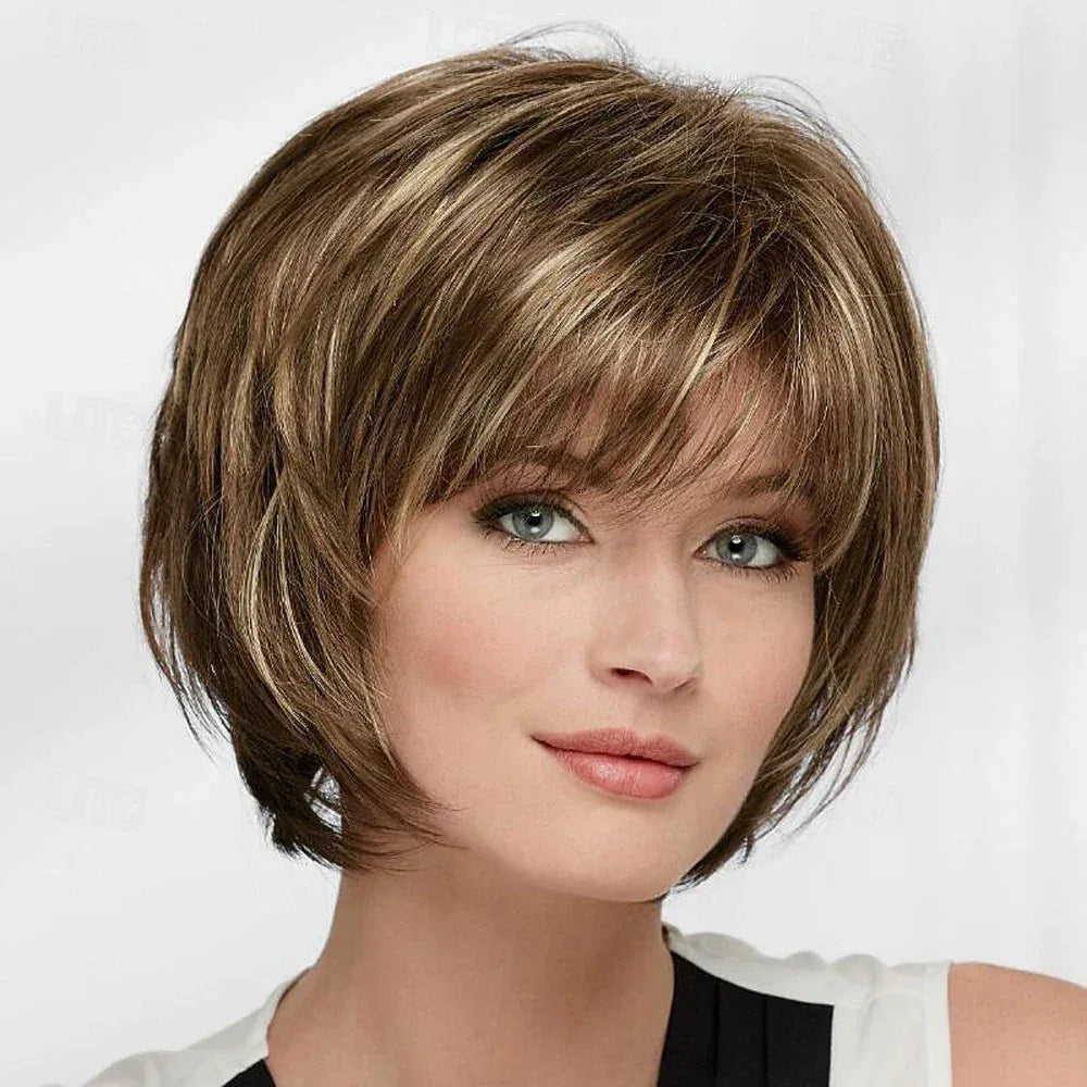 HAIRJOY Short Straight Wigs for Women - Synthetic Mixed Brown Wigs with Bangs S84a3758ba7b547bebf411313af10f3a3E