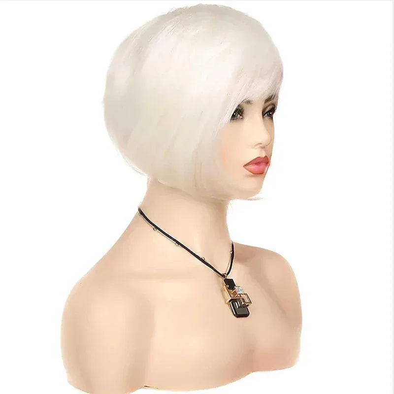 HAIRJOY Short White Wig with Fringe for Women – Synthetic Heat Resistant Pixie Wig for Cosplay and Halloween Parties - A1 / 10inches