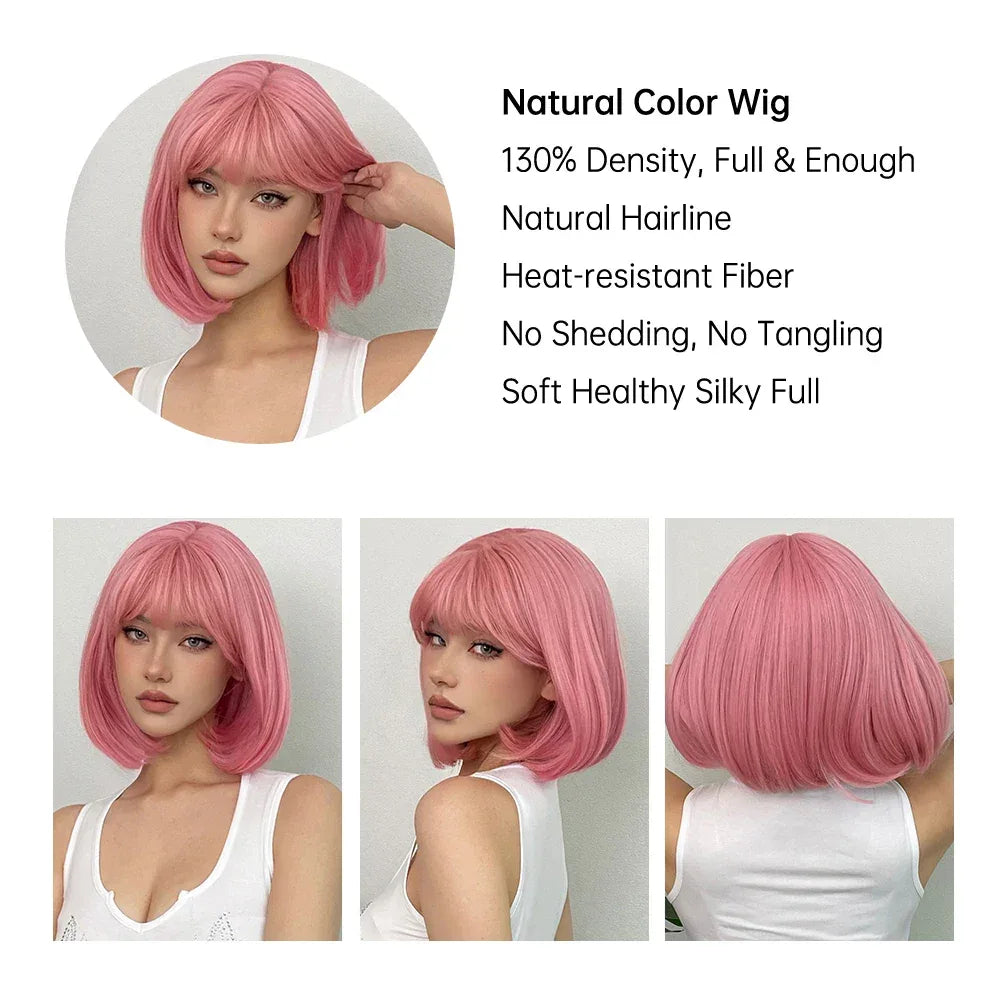 LOUIS FERRE Pink Straight Bob Wig for Women - Short Synthetic Wig with Bangs, Cute Heat Resistant Cosplay Hairstyle S966c7db497654bb5801bf1e0b658e847G