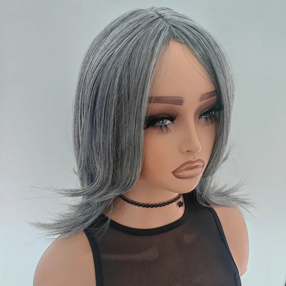 Silvery Gray Ombre Wig - Layered Short Wavy Bob with Curtain Bangs for Women Sa377911534184eabbc44dff227cf26a4I
