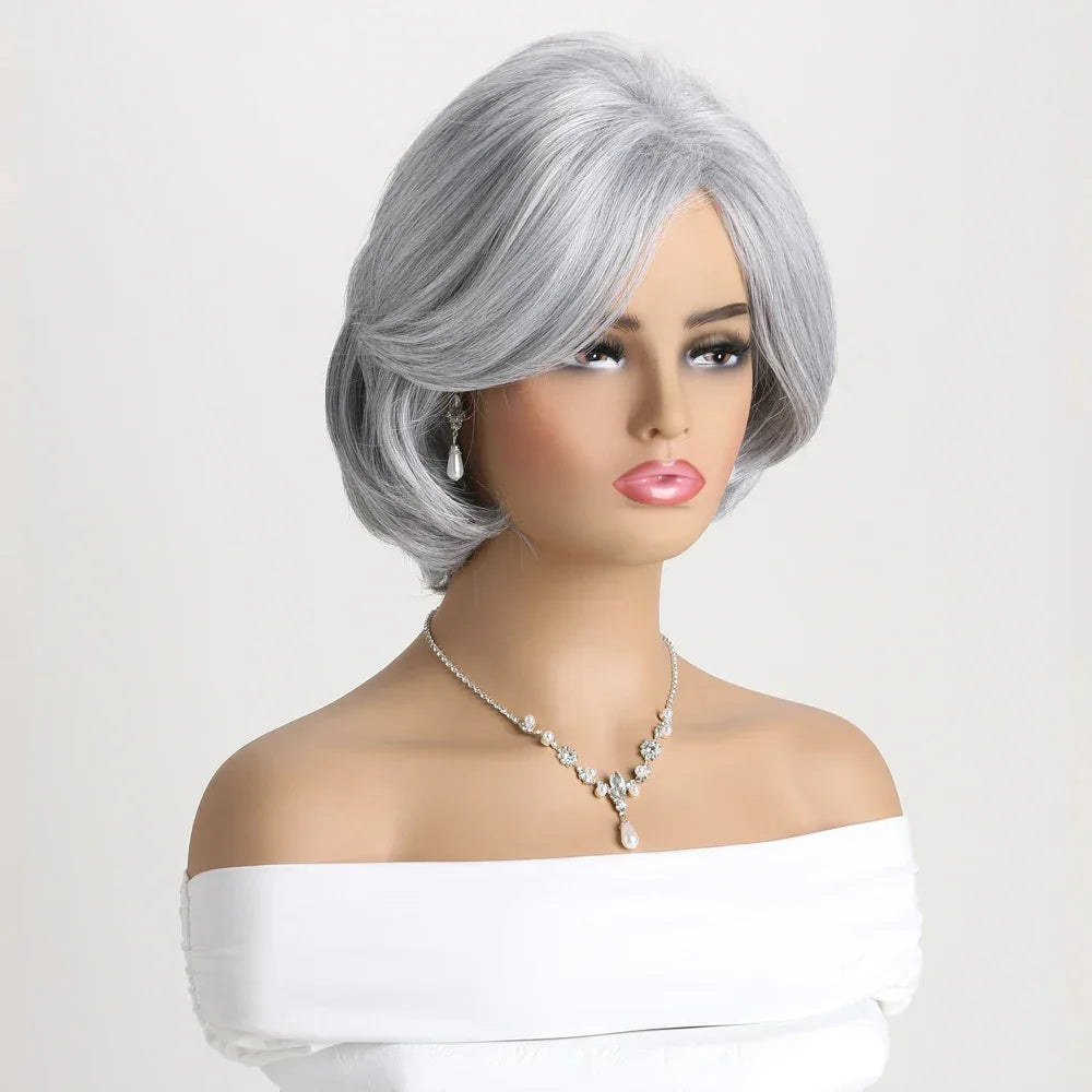 Short Grey Ombre Curly Wig with Bangs - Soft Mommy Hair for Daily Use and Costume Parties Sa90f891e8c7848e38380e89027113195G