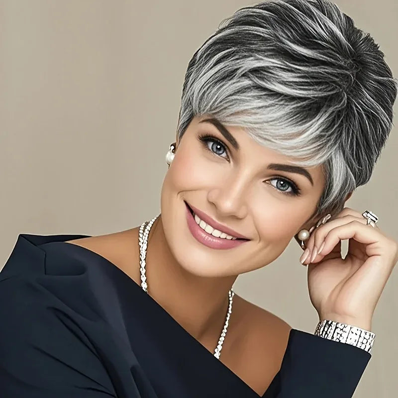 Light Gray Pixie Cut Wig - Thick Synthetic Hair with Rose Mesh Hat for Everyday Wear Sb24c57f4abe247aaab0d934a72acb055J