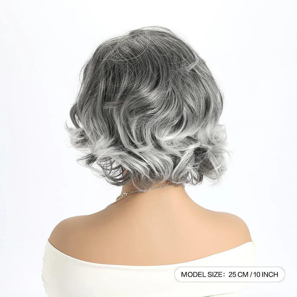 Short Grey Ombre Curly Wig with Bangs - Soft Mommy Hair for Daily Use and Costume Parties Sb4fe41add7254323b266d4ff0e0d4217e