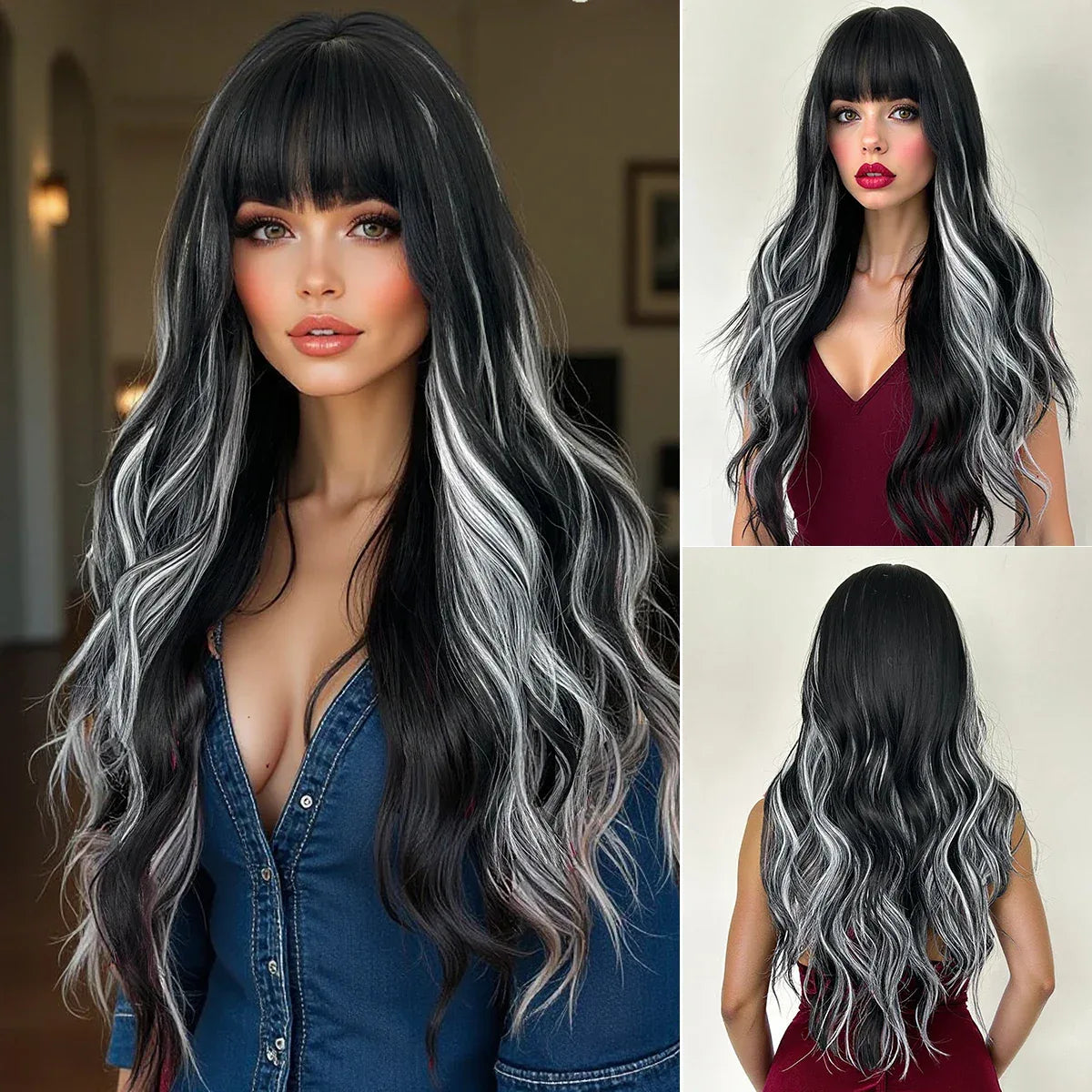 28 Inch Synthetic Wig Light Brown with Highlights - Long Wavy Hair for Everyday and Party Looks