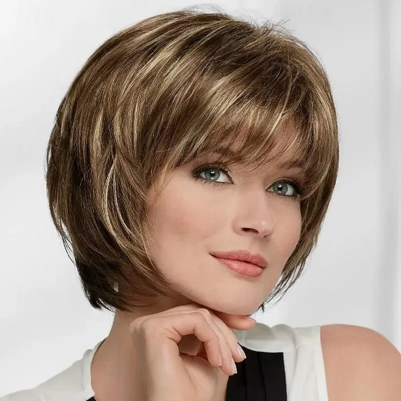 HAIRJOY Short Straight Wigs for Women - Synthetic Mixed Brown Wigs with Bangs Sc068f60c609f4acf914ab3ac083e5218H