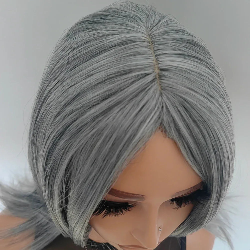 Silvery Gray Ombre Wig - Layered Short Wavy Bob with Curtain Bangs for Women Sc82b0e1ffd8c4499bfe82285f0c4ea14U