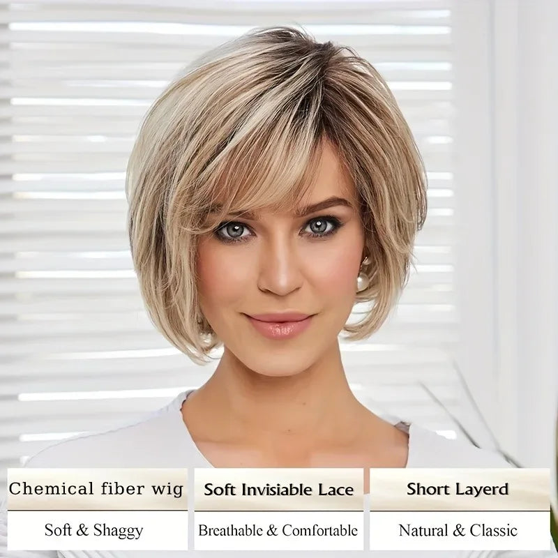 Highlighted Bob Short Straight Hair Wig for White Women's Daily Wear Accessories khaki 12inches 1pc Sc8d4d9b216c548e39da4e143e95df570o