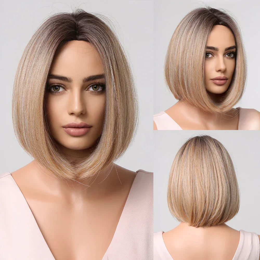 Ombre Blonde Bob Wig for Women - Short Straight Synthetic Hair with Brown Blonde Highlights for Cosplay and Daily Wear Sc97b689fb25542b3a499095327699094j