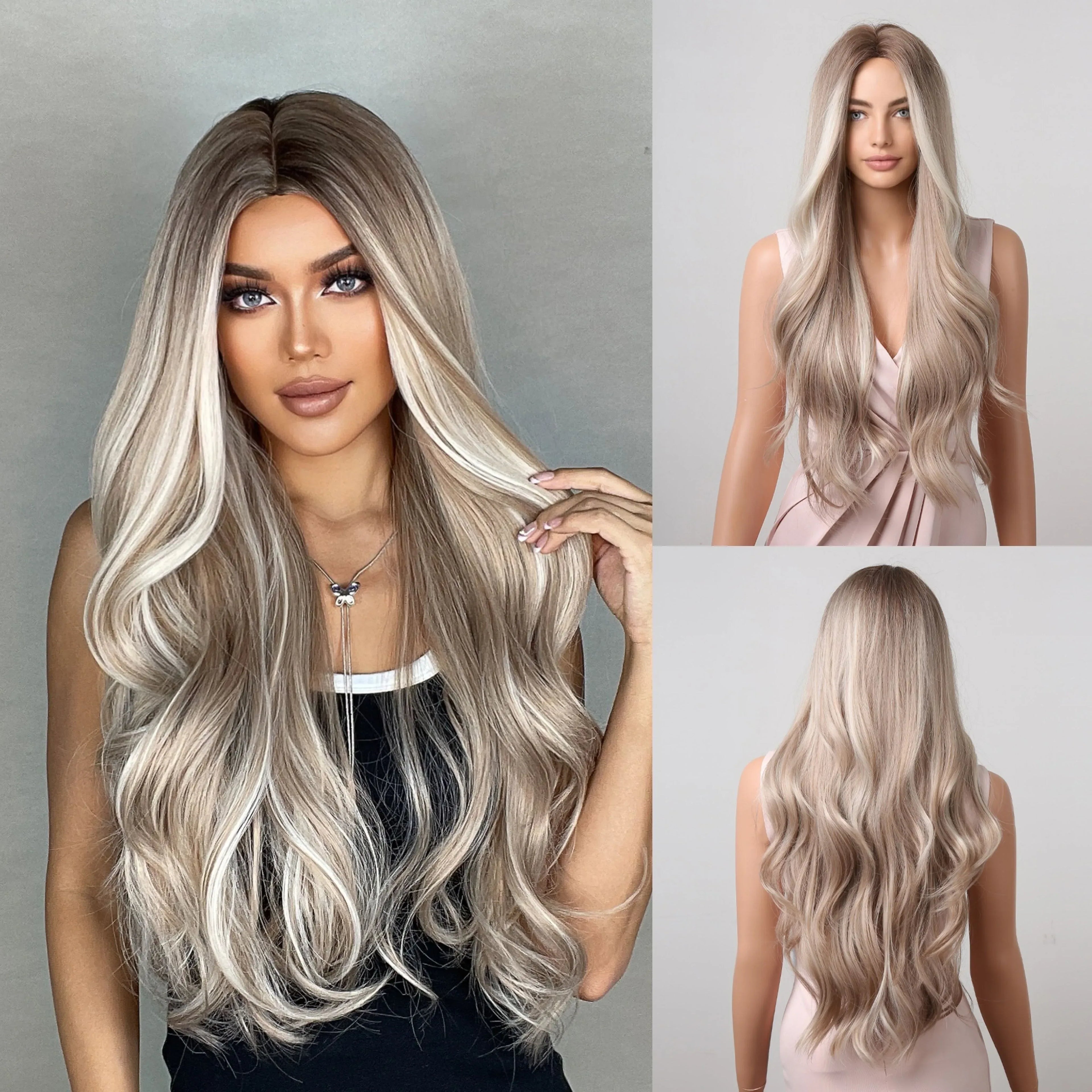 28 Inch Synthetic Wig Light Brown with Highlights - Long Wavy Hair for Everyday and Party Looks