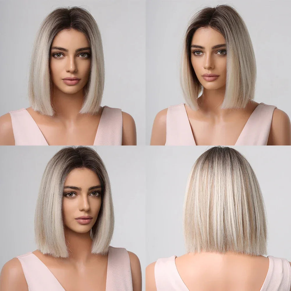 Ombre Blonde Bob Wig for Women - Short Straight Synthetic Hair with Brown Blonde Highlights for Cosplay and Daily Wear Sdb610b4c56d14b8793232c9d32341416D