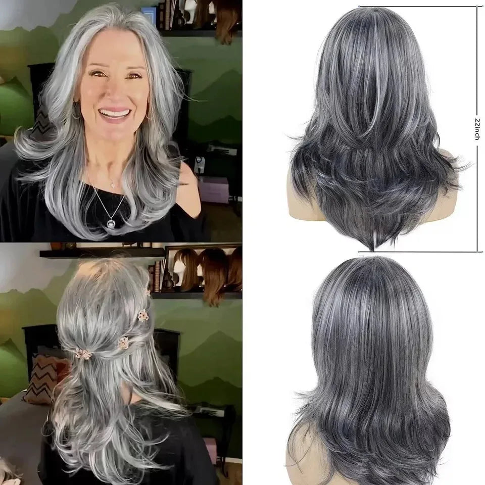 Silvery Gray Ombre Wig - Layered Short Wavy Bob with Curtain Bangs for Women Sdcce83e6bcc64486aad9305c1ed6375dL