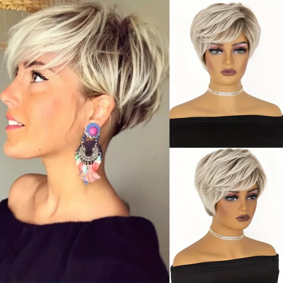 Gray Short Wig for women Daily Wear - Off-White Elf Tailoring, Deep Root Layered Synthetic Fiber Mixed grey 4inches 1pc Sdf413a4c1c164caa8c563cca01be8452A