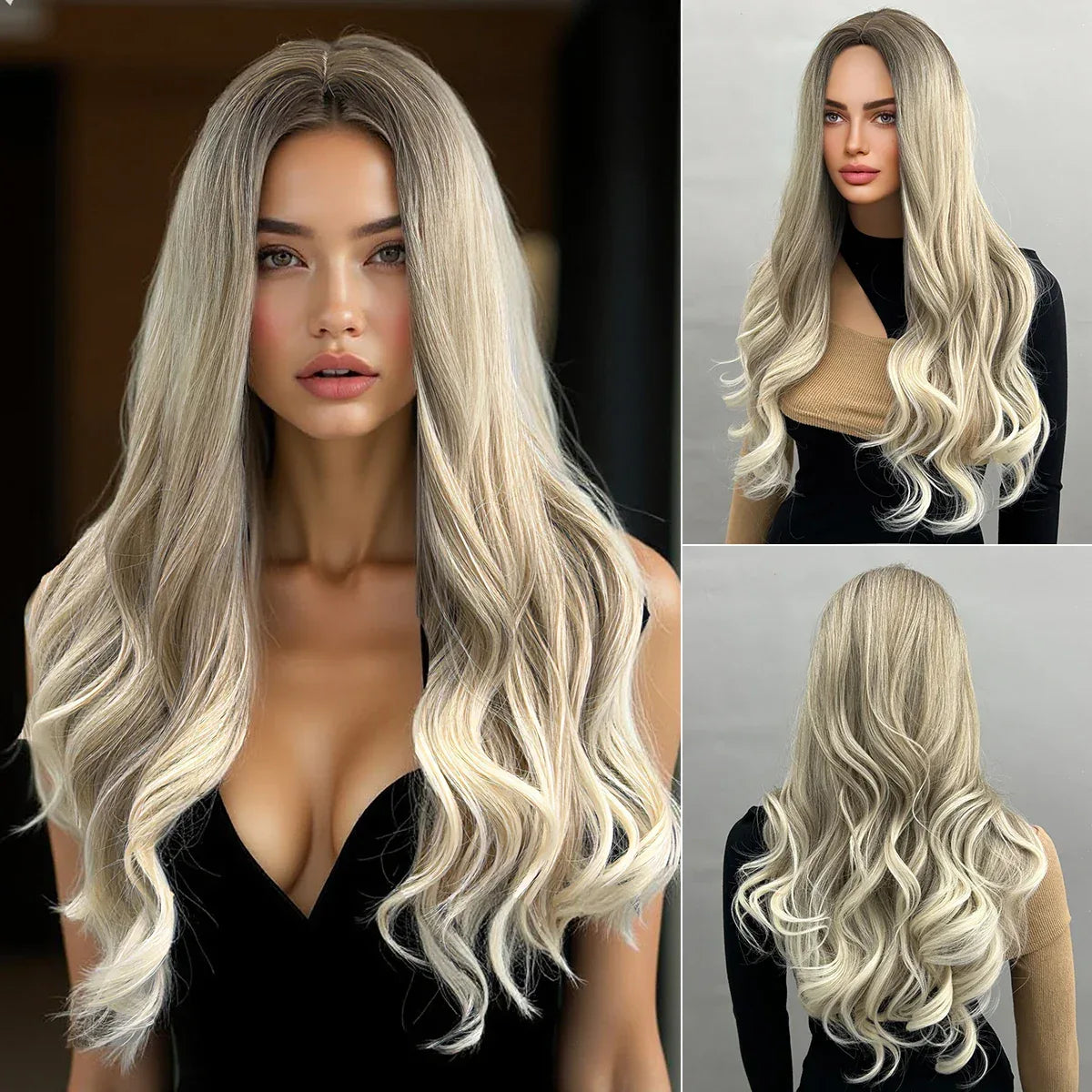28 Inch Synthetic Wig Light Brown with Highlights - Long Wavy Hair for Everyday and Party Looks