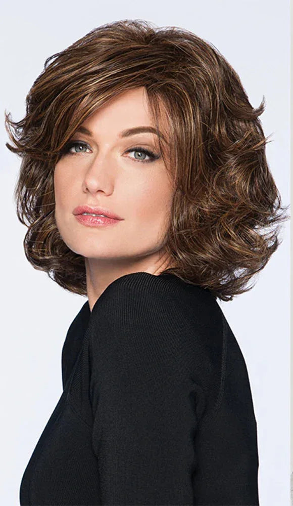 Short Brown Ombre Curly Wig with Bangs - Natural Synthetic Hair for Daily Use model showcasing the elegant curls.