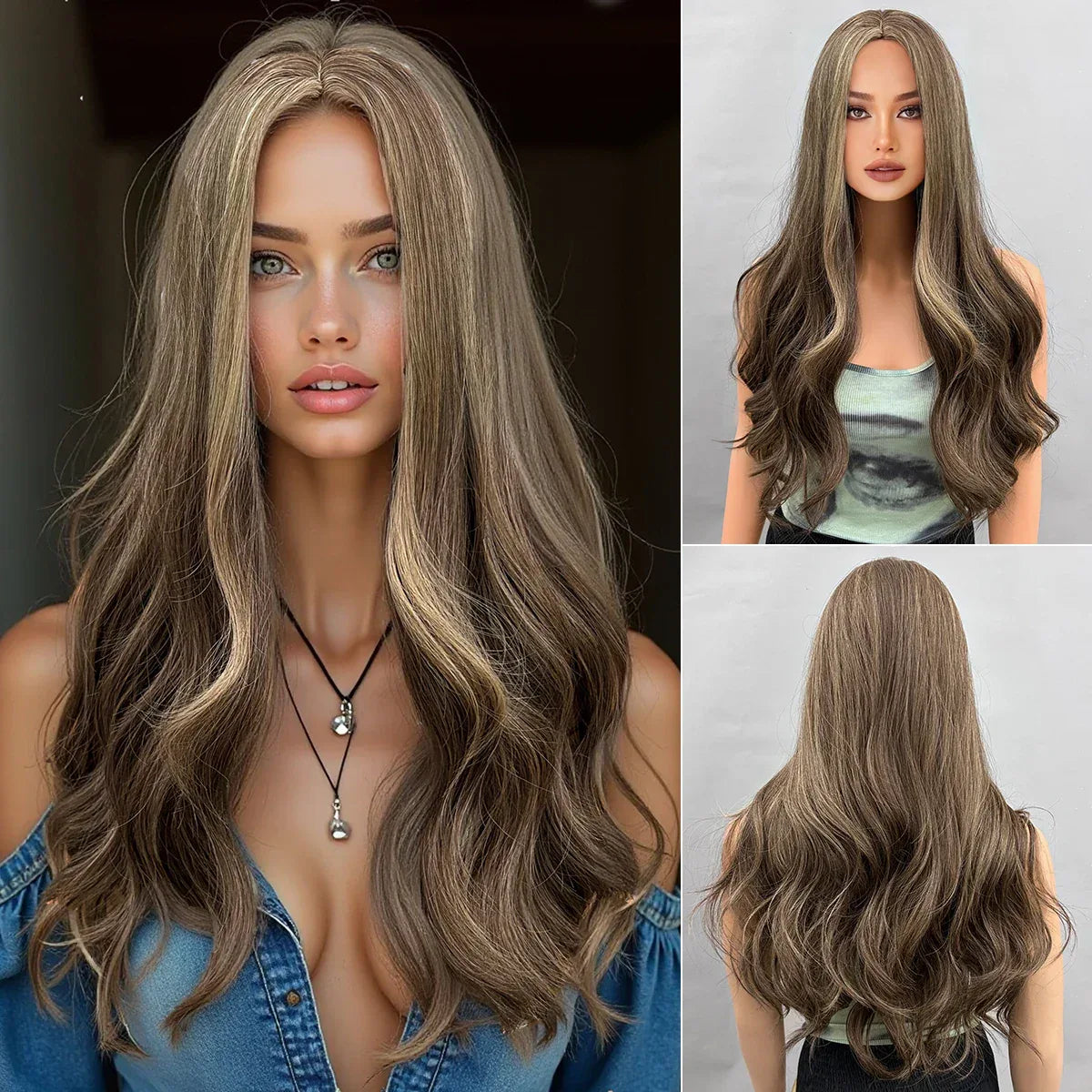 28 Inch Synthetic Wig Light Brown with Highlights - Long Wavy Hair for Everyday and Party Looks
