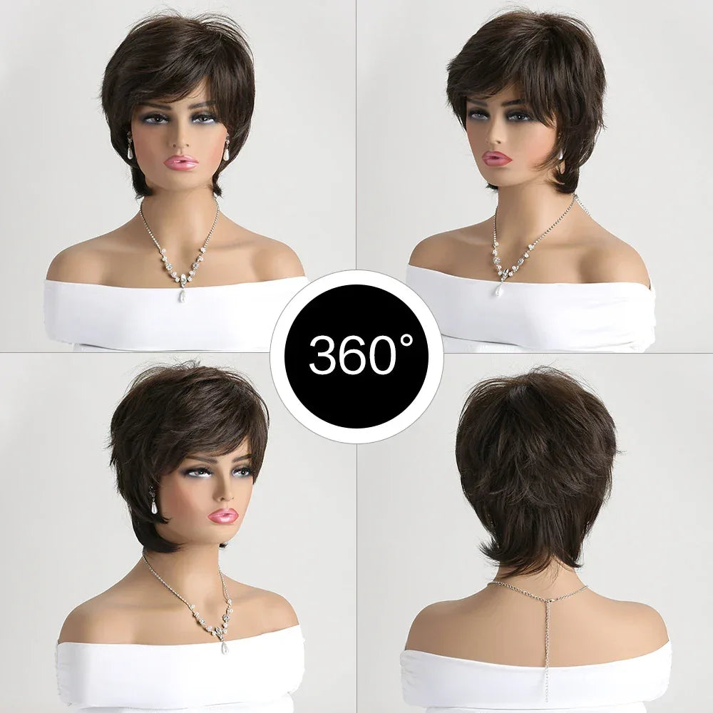 Short Natural Wigs with Bangs - Soft Brown Ombre Curly Synthetic Hair for Daily Use and Costume Parties Sfba74040b32c4167a7c3297c011d3b7ai