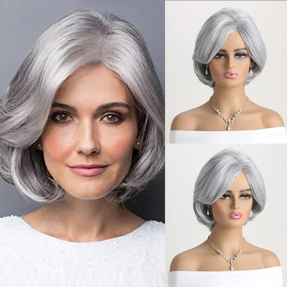 Short Grey Ombre Curly Wig with Bangs - Soft Mommy Hair for Daily Use and Costume Parties WIG-140 10inches 1pc Sfc8f03ba0011437eb6fe28475e3ec158J