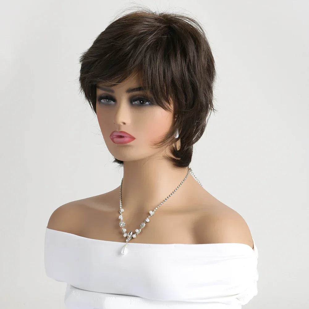 Short Natural Wigs with Bangs - Soft Brown Ombre Curly Synthetic Hair for Daily Use and Costume Parties Sff5a0f602f344462834d69891454740cB