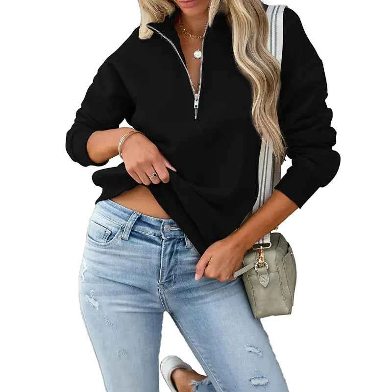 Solid Color Women's Zip Sweater – Long Sleeve Lapel Design - Nico`s Store
