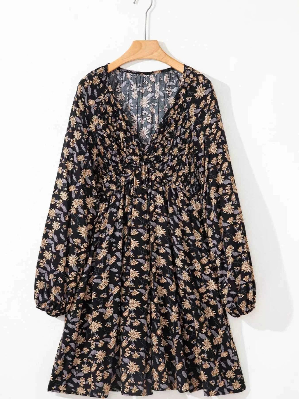 V Neck Babydoll Dress with Smocked Bust and Bubble Sleeves - Nico`s Store