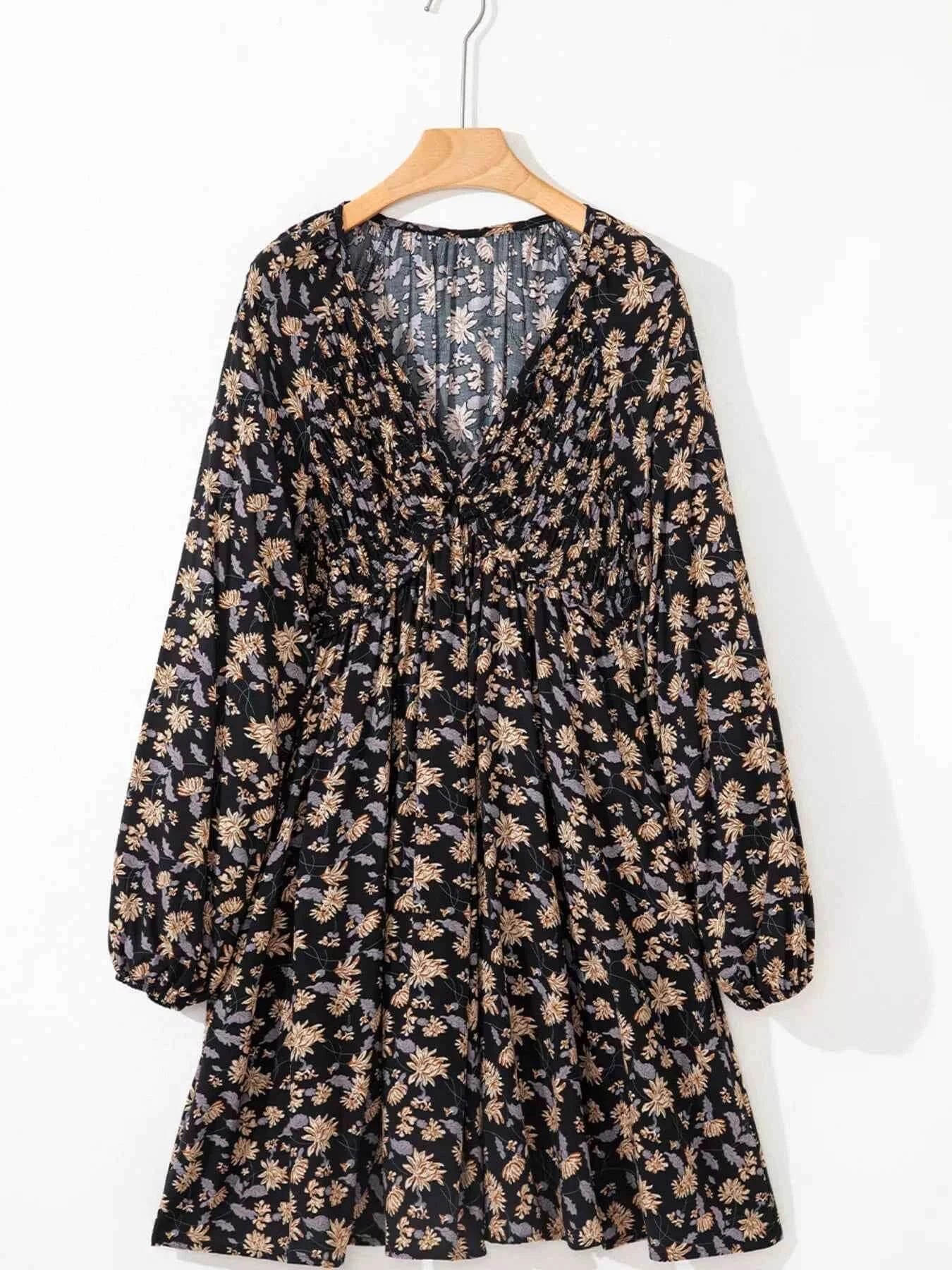 V Neck Babydoll Dress with Smocked Bust and Bubble Sleeves - Nico`s Store