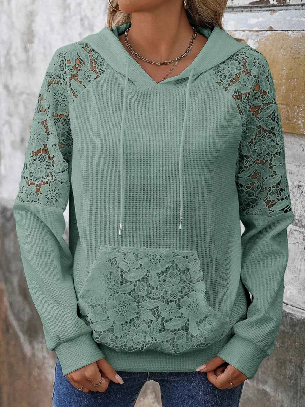Lace Detail Long Sleeve Hoodie with Drawstring - Nico`s Store