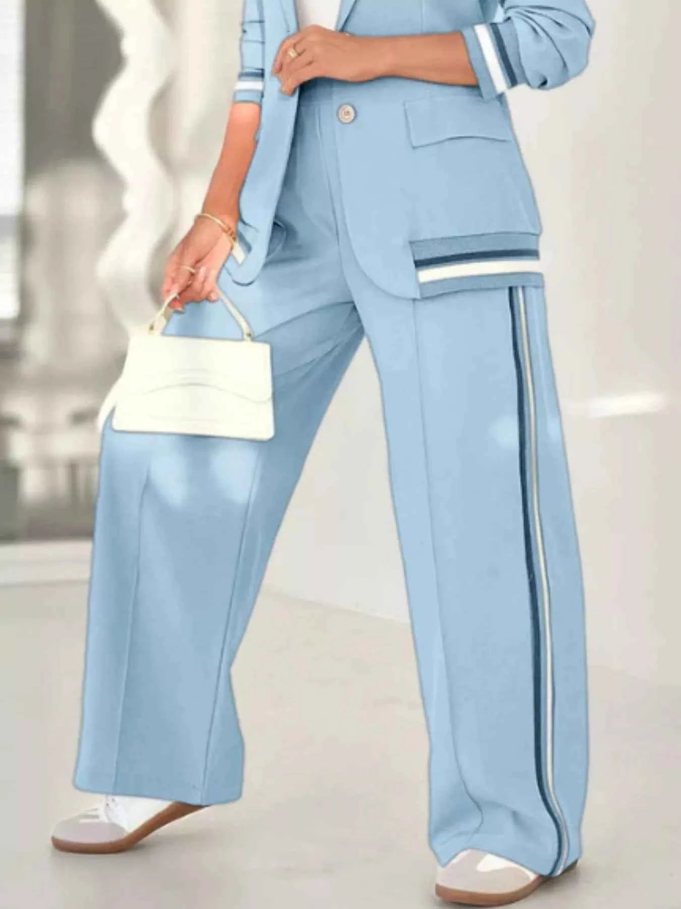 Full Size Striped Trim Jacket and Pants -Modern Edge Jacket - Nico`s Store