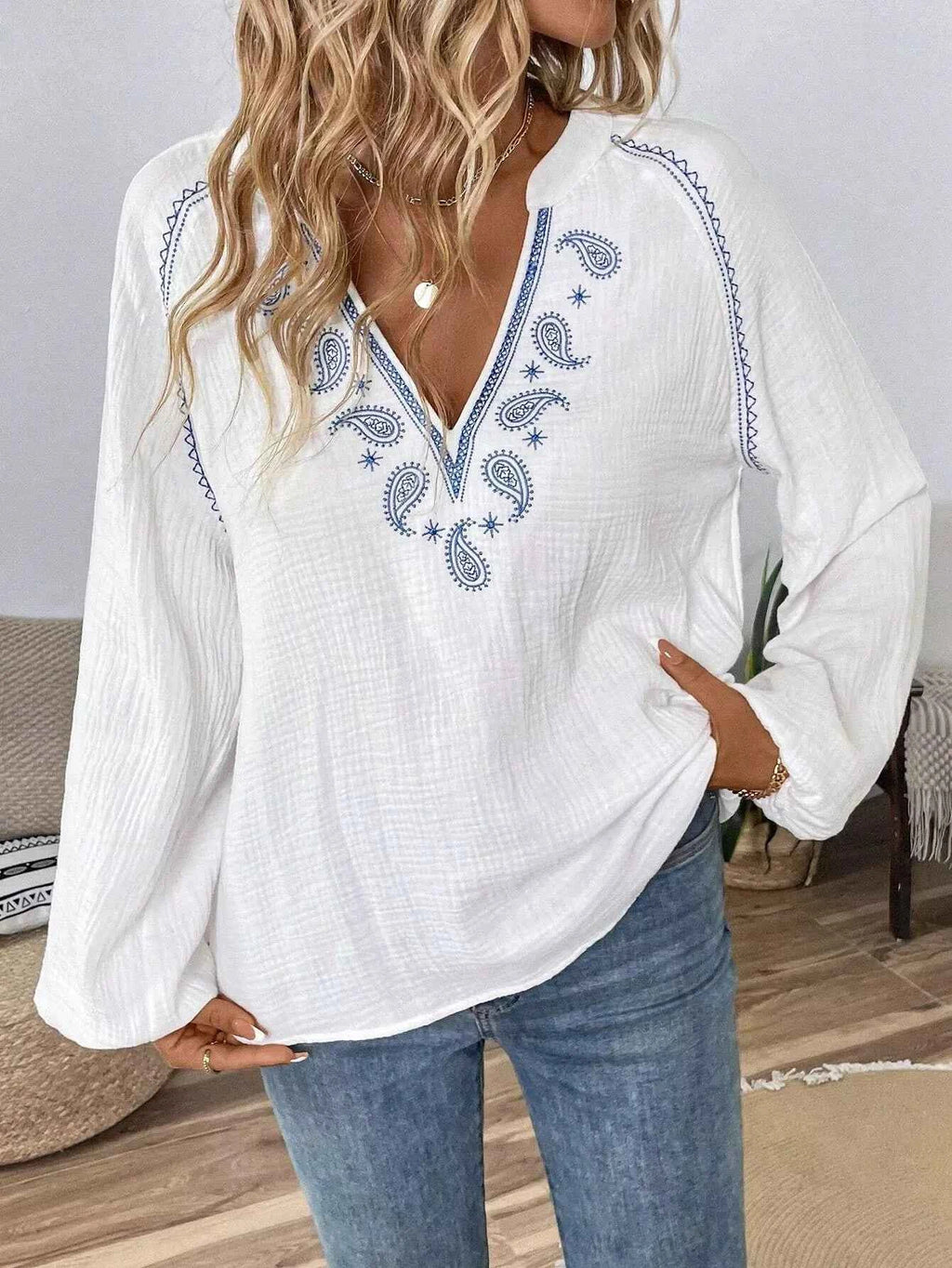 Paisley Balloon Sleeve Blouse with Notched Design